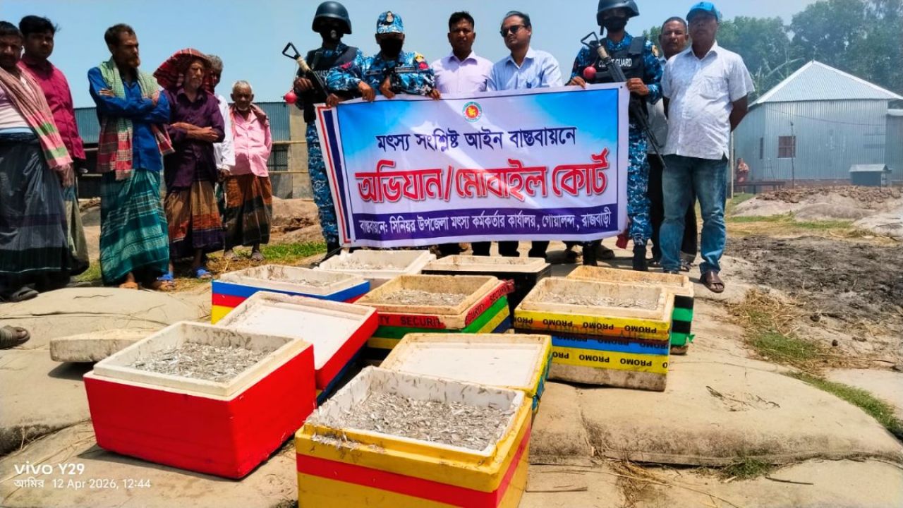  গোয়ালন্দে যৌথ অভিযানে ৩০ হাজার মিটার জাল ধ্বংস, আটক ৩