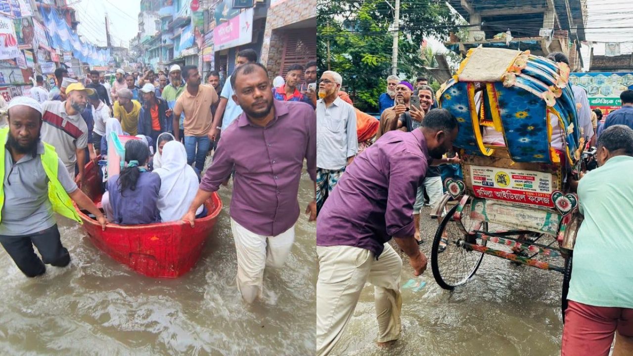 জলাবদ্ধ সড়কে নৌকা টানলেন প্রশাসক, ঠেললেন রিকশাও
