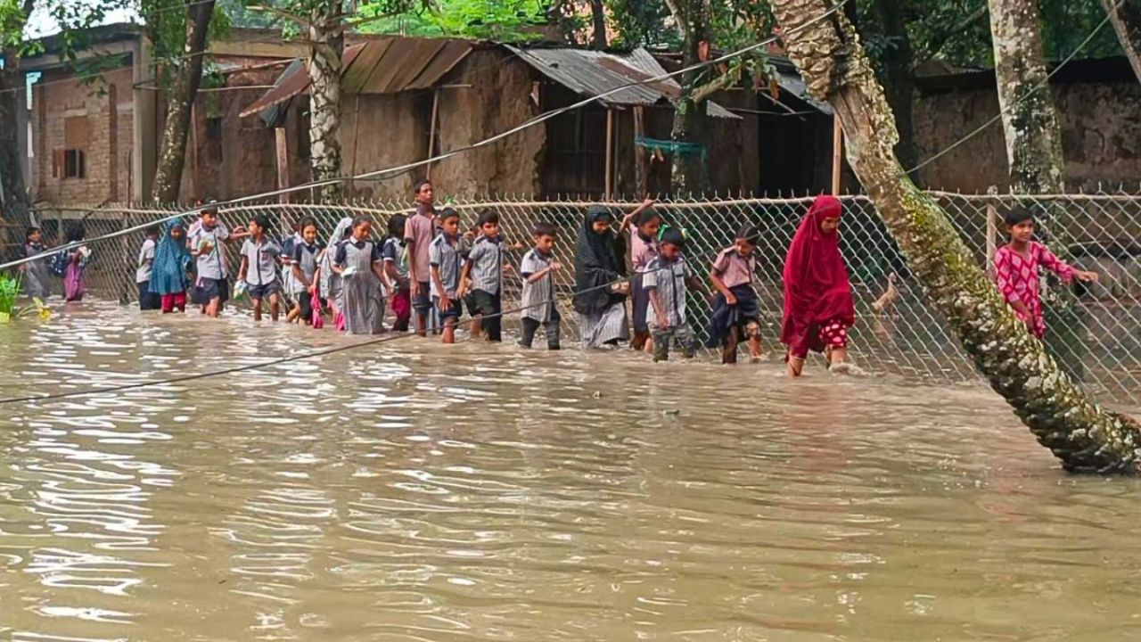 বদলগাছীতে হাঁটু পানি মাড়িয়ে স্কুলে যেতে হয় ১৩২ শিশুকে