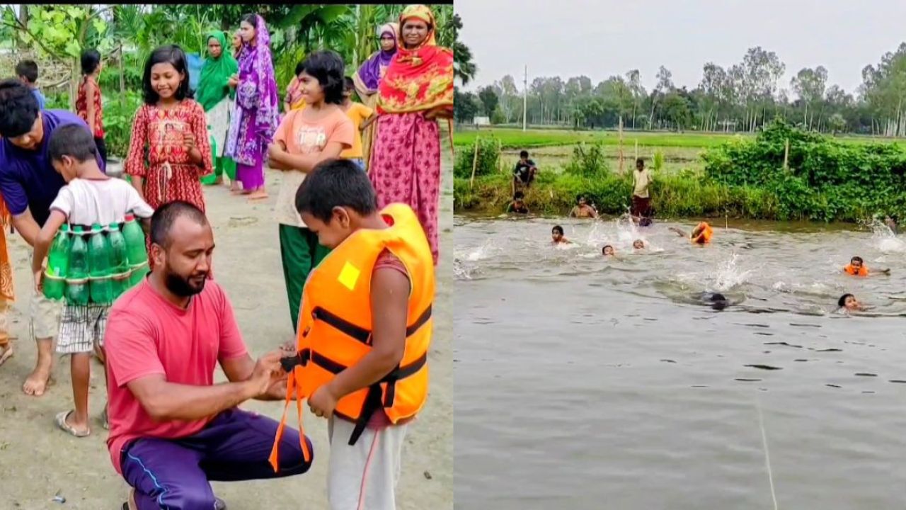 পুকুরের জলে খুদে সাঁতারুদের আত্মরক্ষার পাঠ