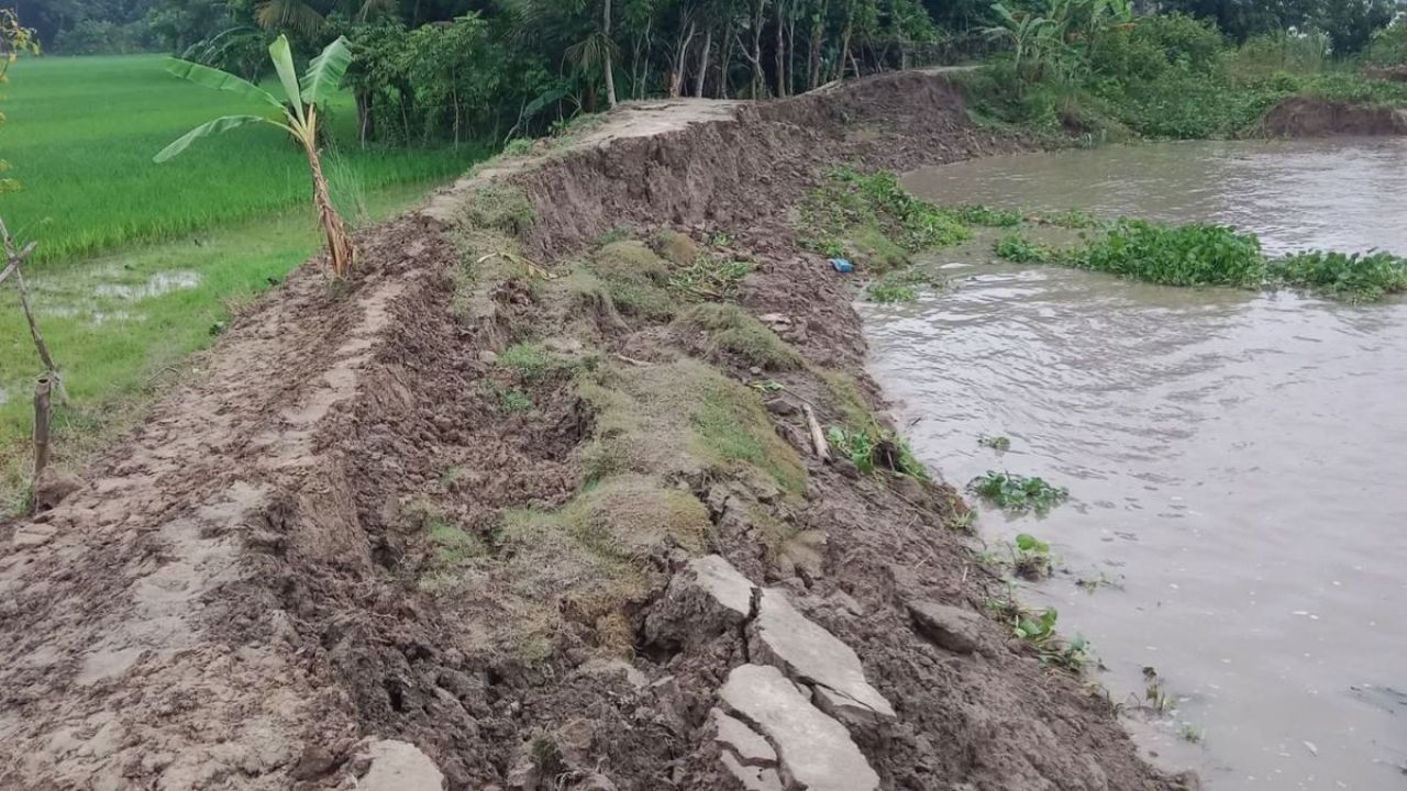 বেড়িবাঁধ ভেঙে সড়ক বিলীন, বিচ্ছিন্ন দুই ইউনিয়ন