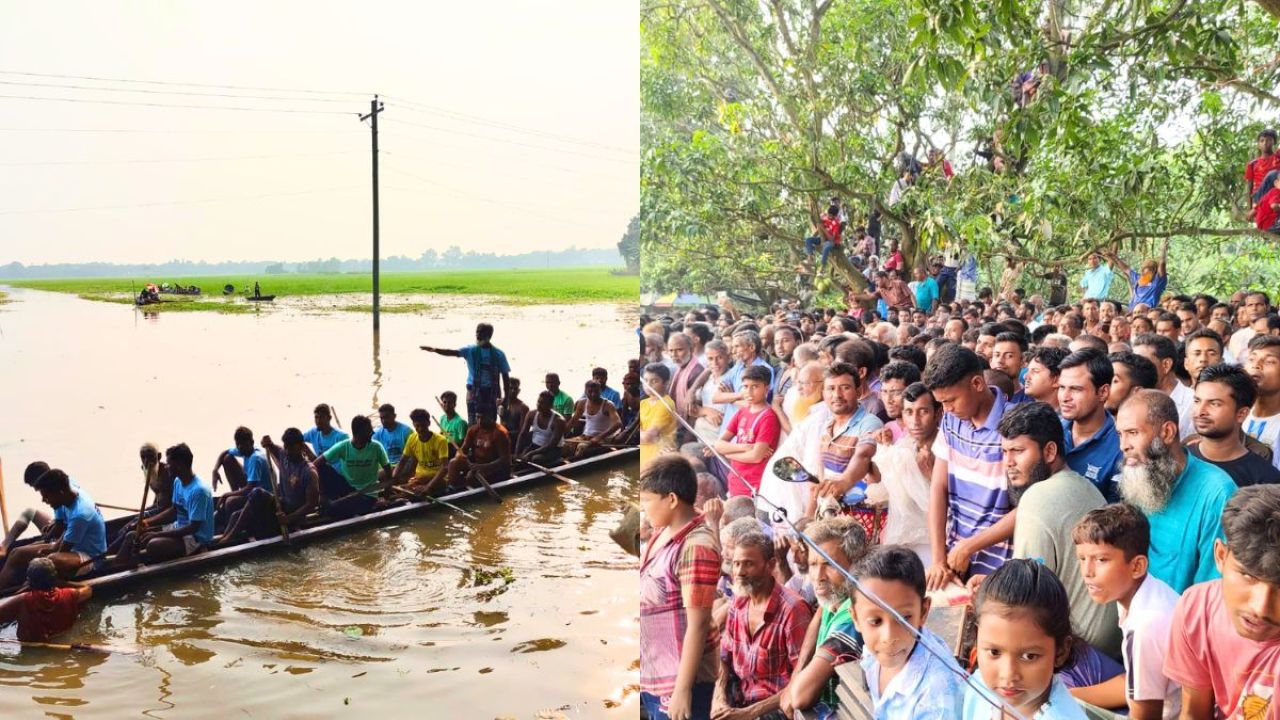 কুমারখালীতে নৌকা বাইচ দেখতে হাজারো মানুষের ঢল