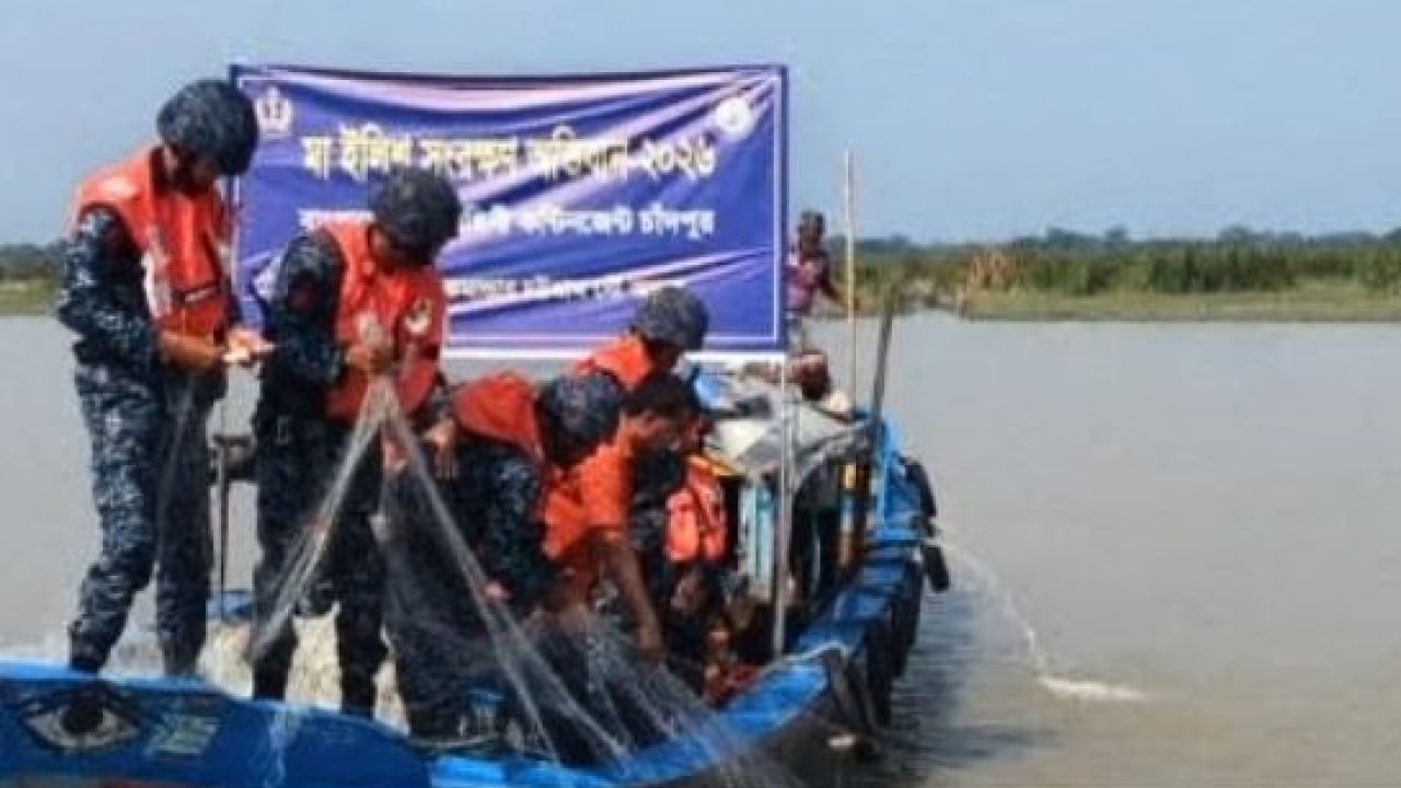 মেঘনায় নৌবাহিনীর অভিযান, বিপুল পরিমাণ নিষিদ্ধ জাল জব্দ