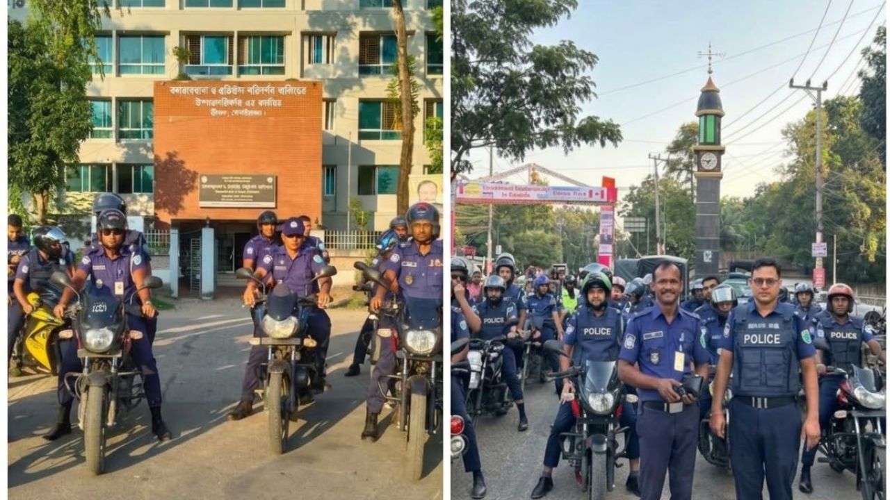 দুর্গাপূজা ঘিরে মৌলভীবাজারে পুলিশের বিশেষ মহড়া ও চেকপোস্ট